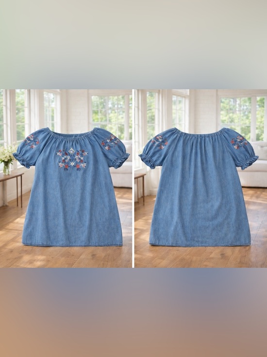 Embroidered Off-Shoulder Chambray Tunic Top - Blue 3X - Picture 3 of 7
